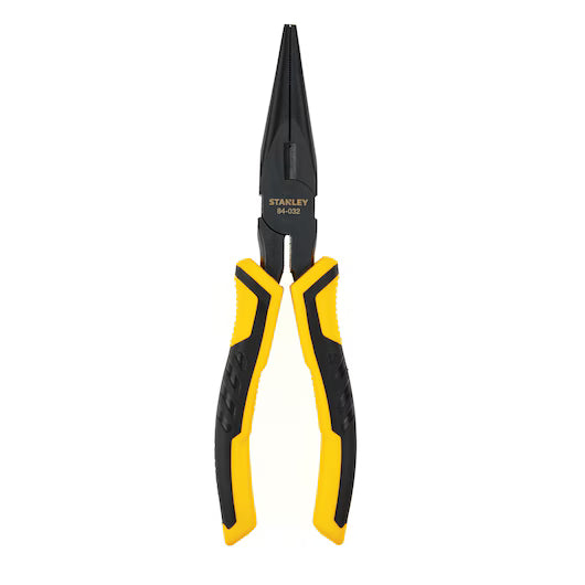 The STANLEY 8 IN LONG NOSE PLIERS feature ergonomic black and yellow handles. Shown upright on a white background, they are ideal for precision and detailed tasks.